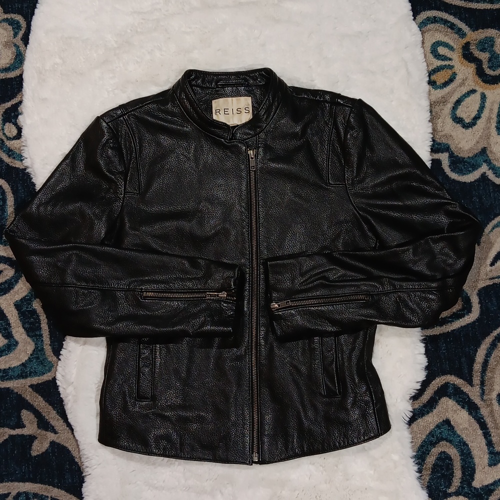 Reiss black leather moto classic biker jacket women's sz small - Picture 1 of 13